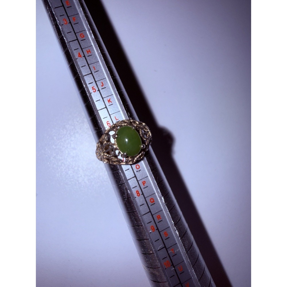 Sterling Silver Signed Nephrite Jade Cabochon Ring Sz 6.5 Filigree